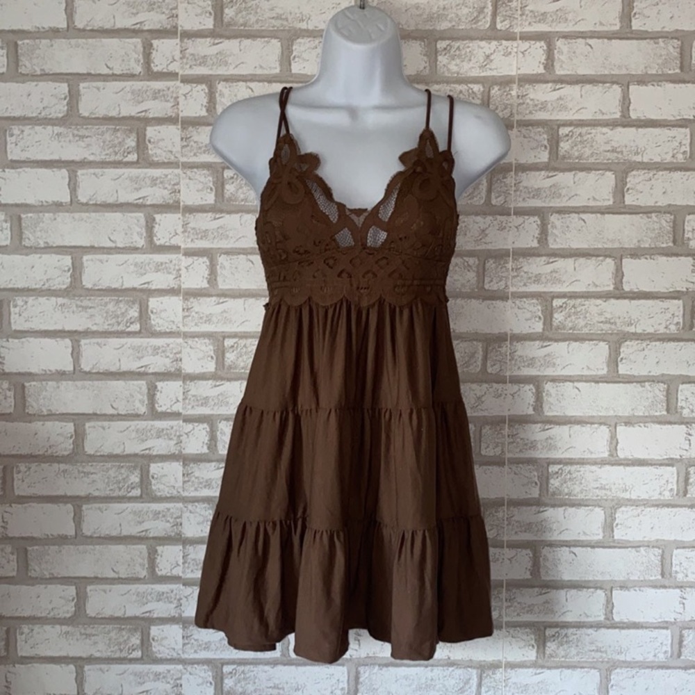 Brown Crochet Lace Cami Mini Dress Tiered Boho Sundress - Picture 2 of 4